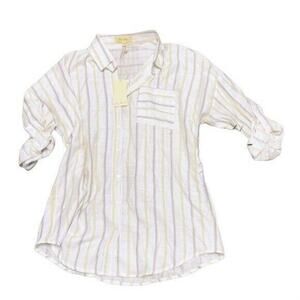 Love notes women Oversized Button-Down Shirt ivory  striped Sz L long sleeve